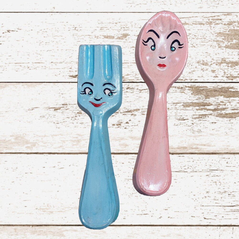 Retro Style Chalkware - Fork and Spoon - Kitschy Kitchen Decor
